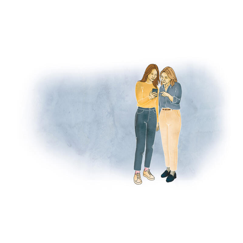 Illustration av två kvinnor som hjälps åt att kolla upp något på mobilen med en blå ton i bakgrunden