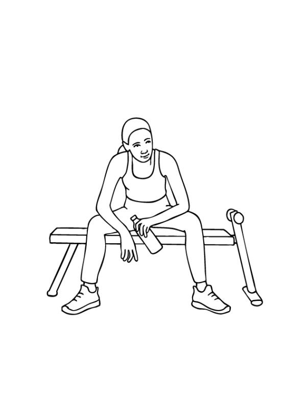 Linjeteckning av kvinna på gym sittandes på bänk med vattenflaska i handen