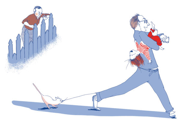 illustration av busig flicka blir hämtad av pappa hos granne
