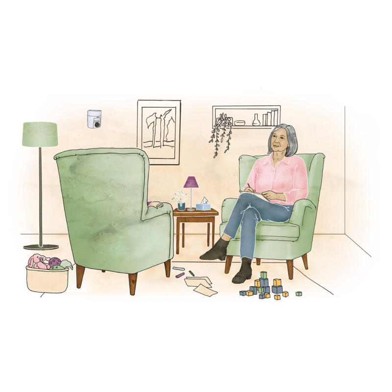Illustration av en medelålders kvinna som sitter i stödsamtal med ett barn