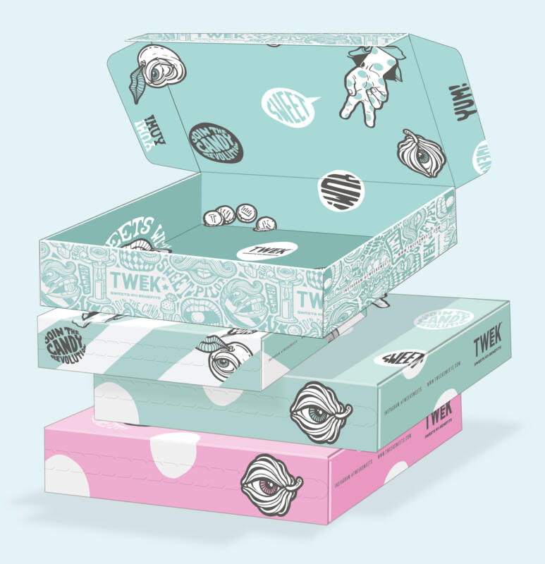 E-commerce packaging för TWEEK, med illustrationer och grafiska element från varumärkets visuella identitet.