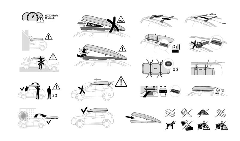 Tekniska instruktionsillustrationer som tydligt visualiserar montering, användning och säkerhet för produkter inom fordonsindustrin.