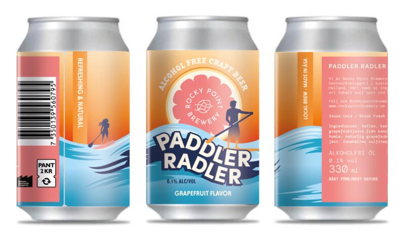 Illustration och etikettdesign för Rocky Point Brewerys Paddler Radler – en alkoholfri grapefruktöl med ett färgstarkt och lekfullt uttryck inspirerat av hav, surf och paddling.