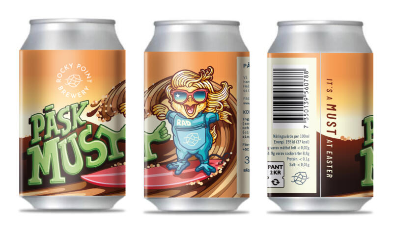 Illustration och etikettdesign för Rocky Point Brewerys Påskmust – ett lekfullt surfkoncept där påskens färger och karaktärer möter bryggeriets kustnära identitet.