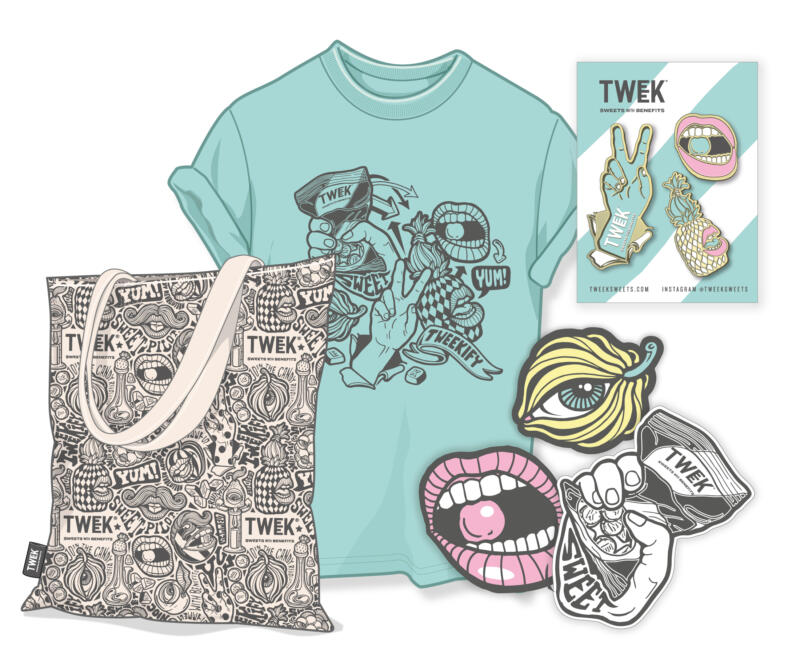 Merchandise för Tweek där varumärkets illustrationer och grafiska uttryck applicerats på bland annat kläder, tygkassar, stickers och pins.