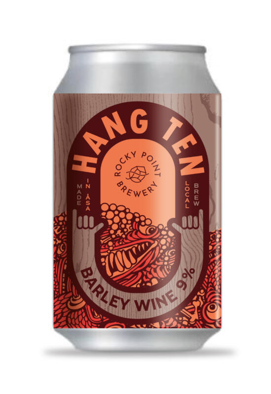 Illustration och etikettdesign för Rocky Point Brewerys Hang Ten – ett detaljrikt, surf-inspirerat koncept där illustration, typografi och färg samspelar runt hela burken.