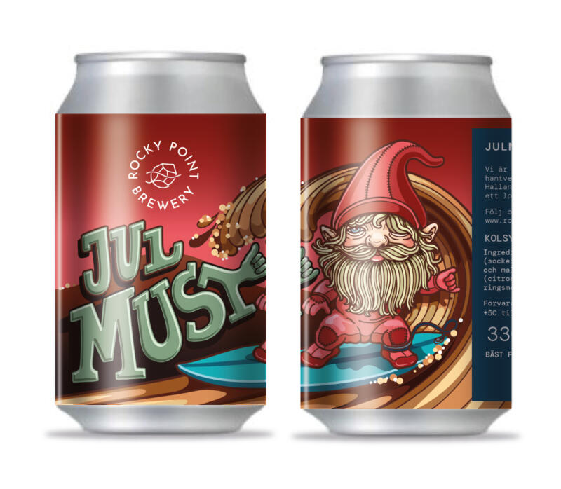 Illustration och etikettdesign för Rocky Point Brewerys Julmust – ett lekfullt koncept där den klassiska jultomten möter surfkulturen i en mustig våg.