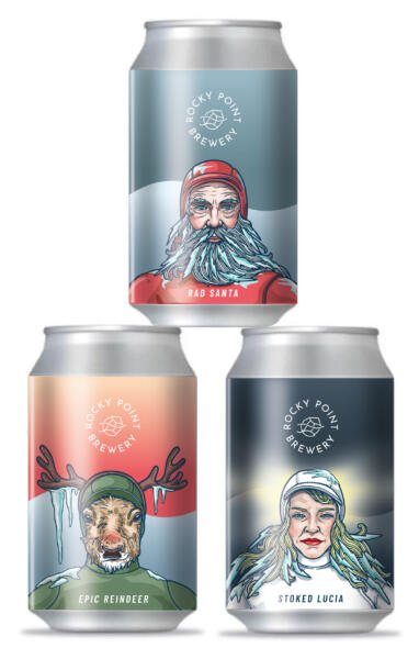 Lekfullt illustrationskoncept för Rocky Point Brewerys julöl, där klassiska julkaraktärer möter bryggeriets surf- och kustidentitet.