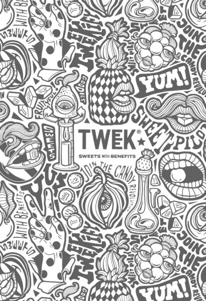 Detaljrikt illustrationsmönster skapat för Tweek, där handritade motiv, typografi och lekfulla karaktärer tillsammans bygger en stark och igenkännbar visuell identitet. Rapport mönster.