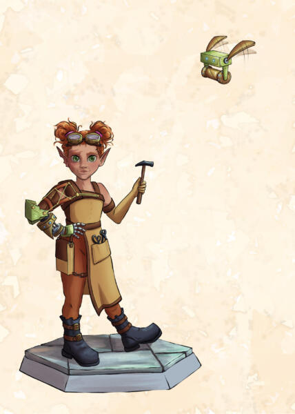 A gnome inventor and her bot/robot friend, NPC characters for GM/DM (game master/dungeon master in DnD (dungeons and dragons)