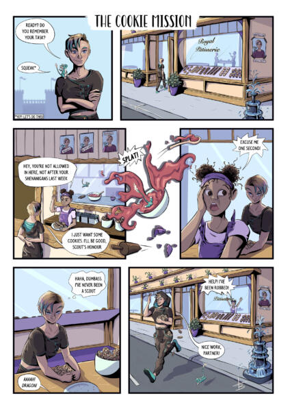 A comic about a girl and a dragon who steals cookies from a bakery
