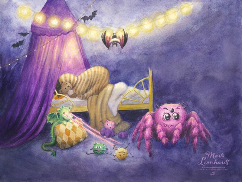 Illustration i akvarell från bilderboken Bim & Bus, en språkutvecklande bok för förskolan i samarbete med Teater Sagohuset. En flicka gömmer sig under täcket. I rummet syns söta, läskiga, färgglada monster.