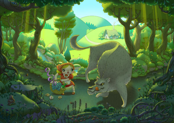 Rödluvan och vargen i skogen, illustration