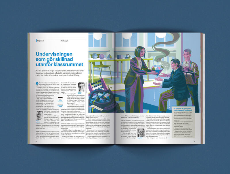 Printed newspaper spread featuring the completed narrative illustration about learning beyond the classroom. By Swedish illustrator Nils-Petter Ekwall