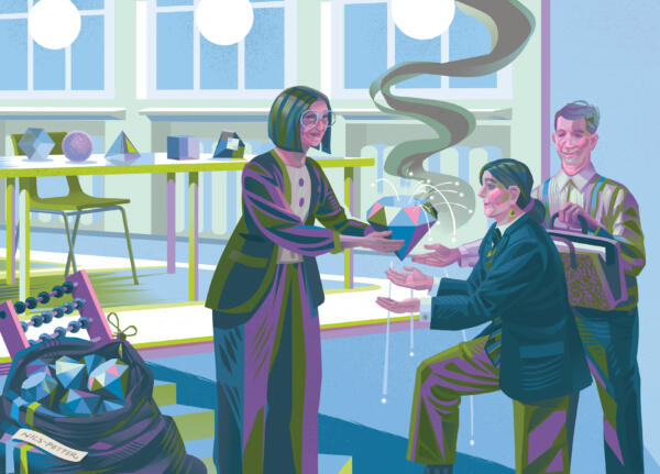 Detailed narrative newspaper illustration by Nils-petter Ekwall showing students learning in environments beyond the traditional classroom.