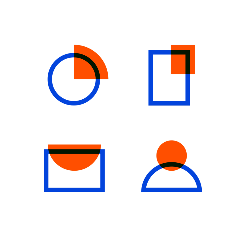 Geometriska ikoner i blått och orange, framtagna för Programekonomis visuella identitet.