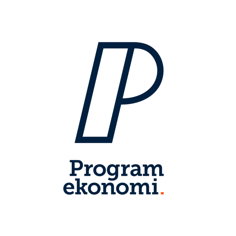 Programekonomis logotyp med ett geometriskt P och ordmärke i mörkblått och orange.