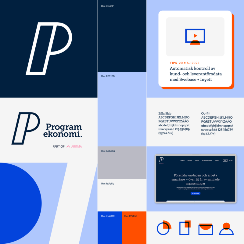 Översikt av Programekonomis visuella identitet med logotyp, färger, typografi, ikoner och digitala exempel.