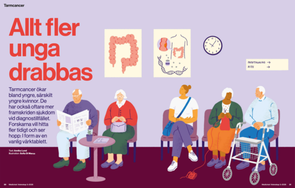 lllustration till Karolinska Institutets populärvetenskapliga tidning Medicinsk Vetenskap som föreställer ett väntrum på ett sjukhus med fem personer som sitter och väntar, alla är pensionärer förutom en yngre kvinna. 