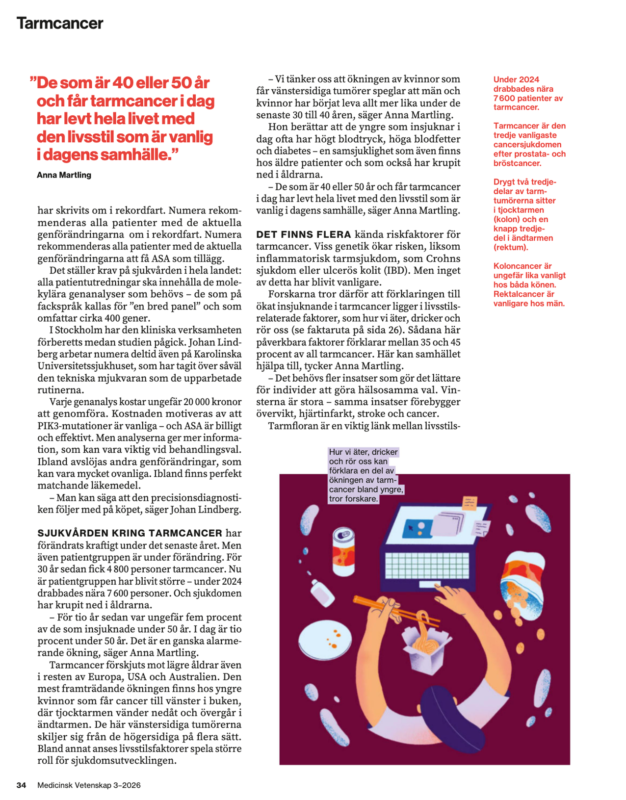 lllustration till Karolinska Institutets populärvetenskapliga tidning Medicinsk Vetenskap som föreställer en person som sitter framför en datorskärm och äter skräpmat