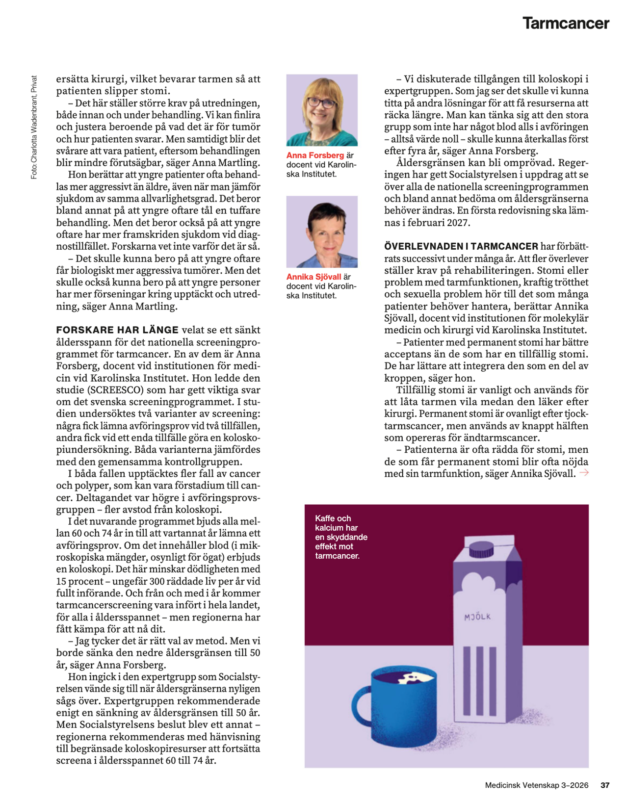lllustration till Karolinska Institutets populärvetenskapliga tidning Medicinsk Vetenskap som föreställer en kopp kaffe och ett paket mjölk.