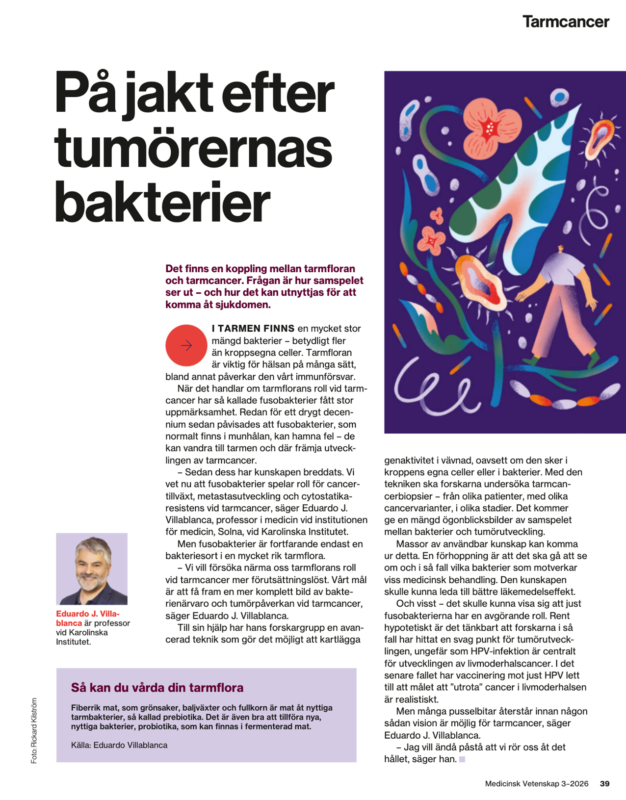 lllustration till Karolinska Institutets populärvetenskapliga tidning Medicinsk Vetenskap som föreställer en person som vandrar i ett fantasilandskap 