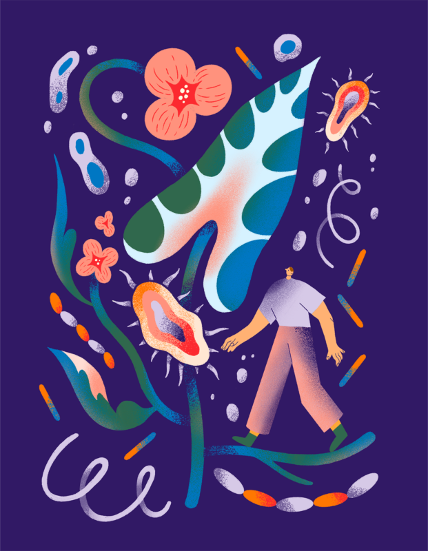 Illustration av en människa som vandrar genom ett fantasilandskap av bakterier