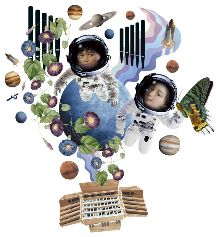 En orgel som flyger i rymden bland planeter, med två barn som är astronauter. 