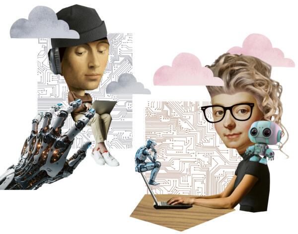 Bilden visar hur anställda personer kan känna att AI R ett hot eller en hjälp i arbetet. Artificiell Intelligens.