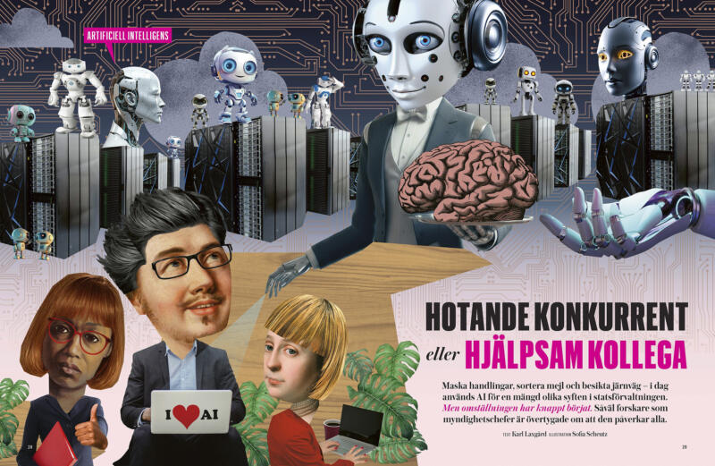 En bild som visar hur anställd personer kan känna AI som ett hot eller en hjälp i arbetet. Artificiell Intelligens.