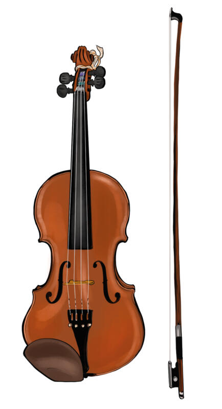 Digital illustration of a violin and bow. Image for the songbook *Annas Vardagsteckensånger* (Anna’s Everyday Sign Language Songs). Songs for sign language.
