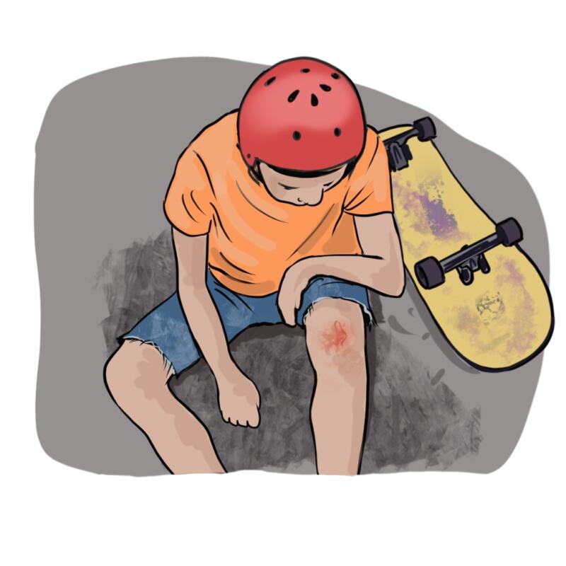 Illustration av en pojke som ramlat när han åkt skateboard och sitter nu på marken och tittar på sitt sår på knäet. ”Resan” från AlfaMax.
