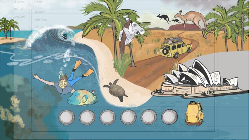 Illustration och formgivning av resmålet Australien En digital bild med mix av Sydney operahus, dykning, korallrev, fiskar, koala, kängurur, jeep safari mm. AlfaMax Resan.