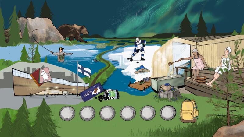 Illustration och formgivning av resmålet Finland. En digital bild med mix av finsk Sauna, sjöar, berg, norrsken, mumin, skog, isbad, hockey mm.