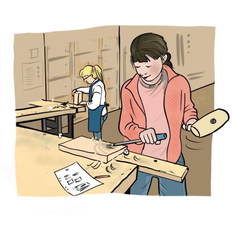 Digital Illustration av Slöjd. Två flickor har slöjd i en slöjdsal. Det digitala lärmedlet Resan av AlfaMax.