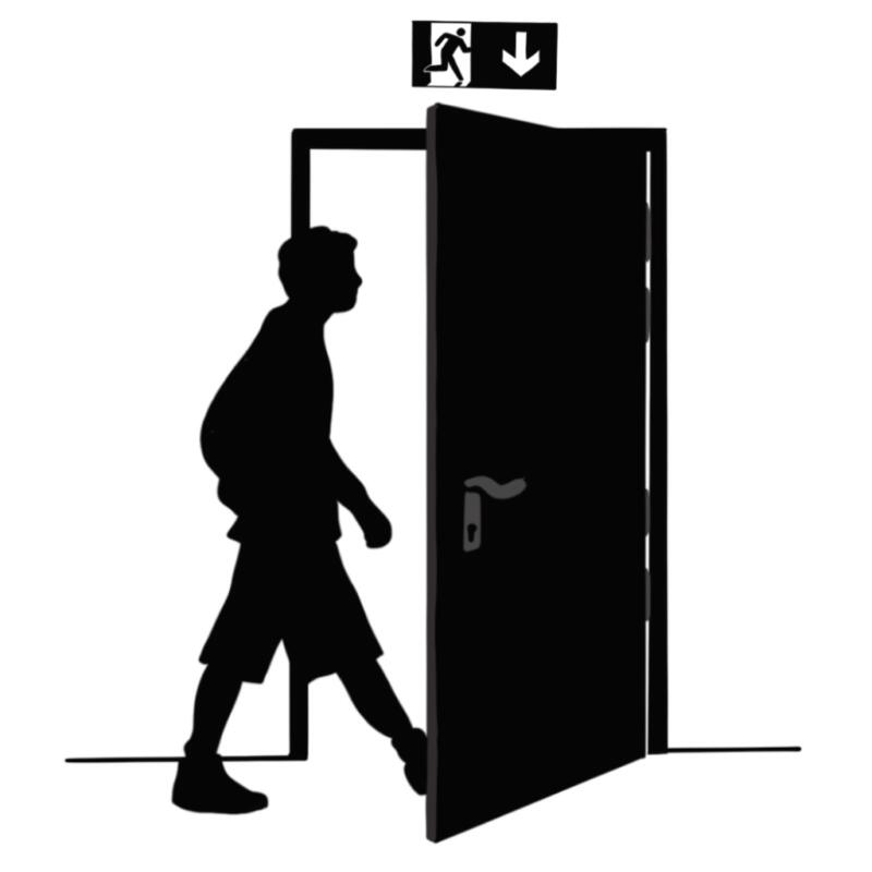 Illustration av en man i siluett som går ut genom en nödutgång. Resan AlfaMax