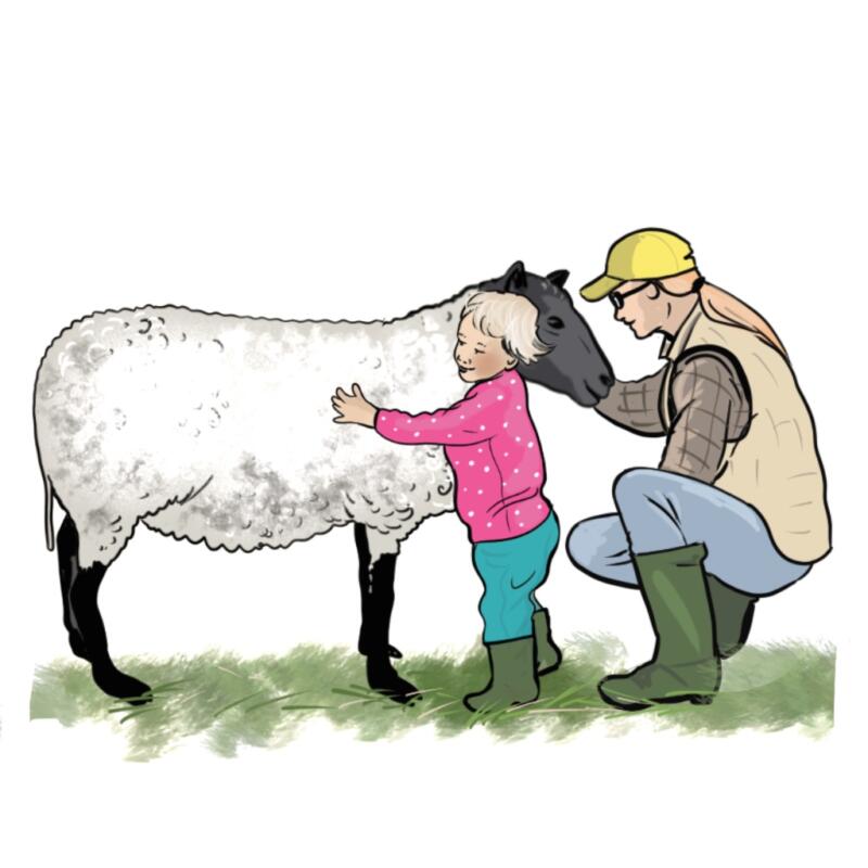 Illustration av en flicka som kramar ett får och en kvinna som sitter bredvid. ”Resan” från AlfaMax.