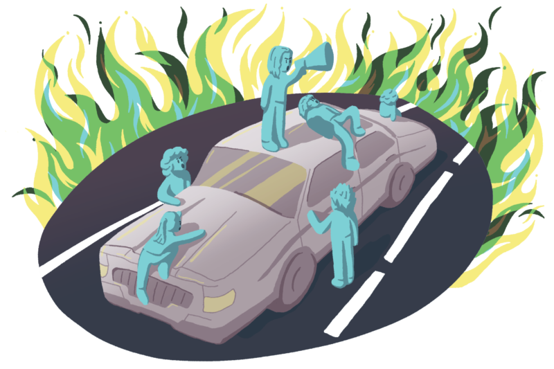 flera barn blockerar och klättrar på en bil, en har en megafon och alla ropar argt. illustrationen är omringad av lågor.