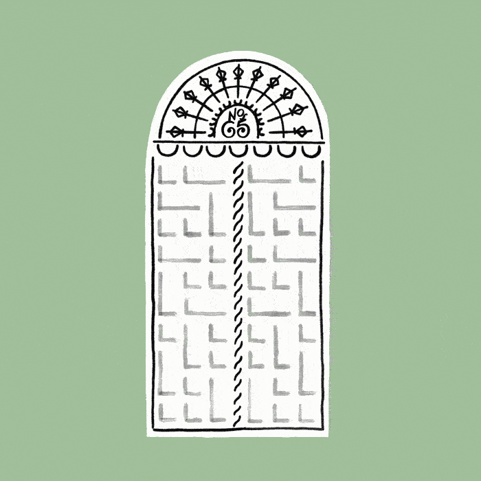 Hand drawn animation, large ornate door opening, pathway