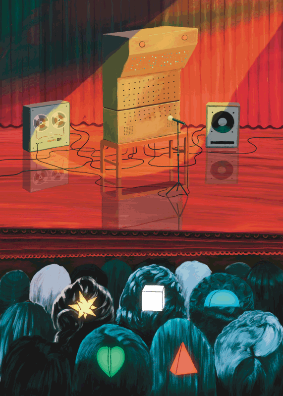 Colourful poster showing large retro looking machine talking talking to an audience in a theatre auditorium.
