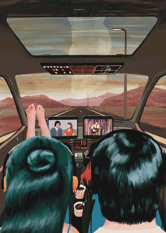 Colourful poster of people sitting in self-driving car and watching tv.
