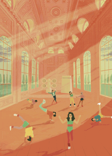 Colourful poster with people dancing in very large ornate hall