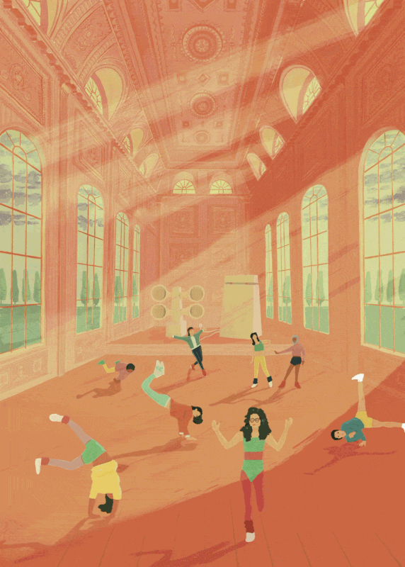 Colourful poster with people dancing in very large ornate hall
