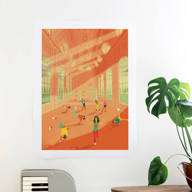 Colourful poster of people dancing in a very large ornate hall.
