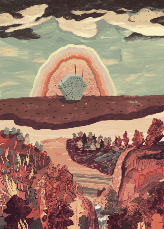 Colourful poster showing giant brainbow in a landscape with people running away in the foreground.