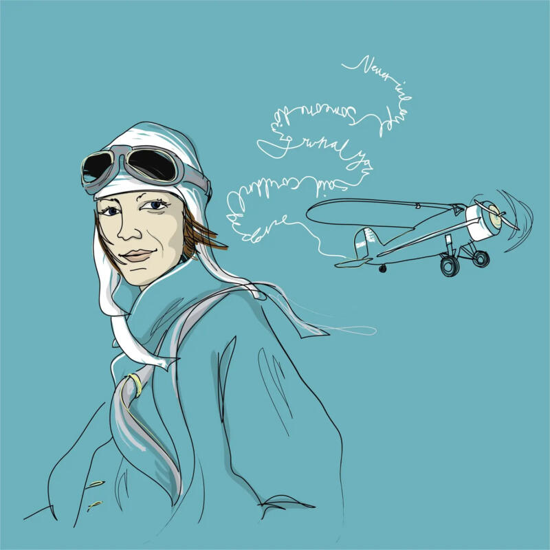 Amelia och ett flygplan, hon var den första kvinnan som flög över Atlanten.