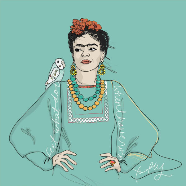 Illustration av Frida Kahlo, med en fågel på axeln.