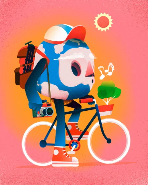 Illustration av [jordglob på cykel] av Rickard Grönkvist
