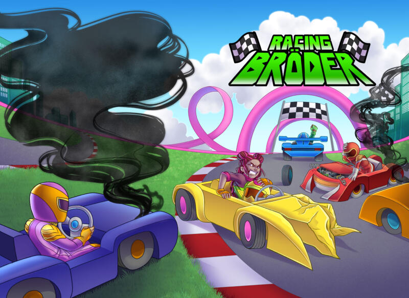 Färgglad digital illustration av flera bilar som har krockat på racing banan, med svart rök som bolmar från huvarna.