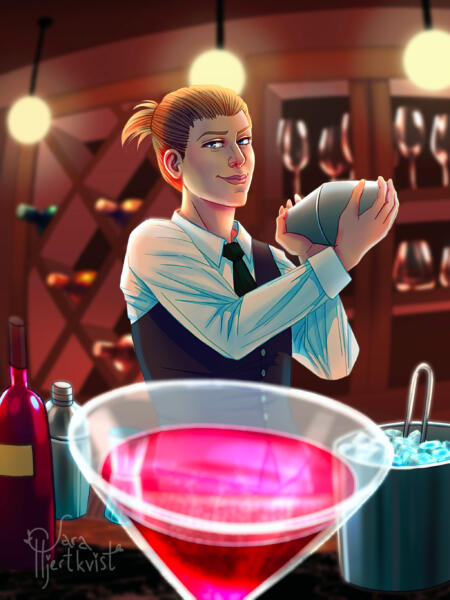 Digital målning av en bartender som blandar en drink i en bar.